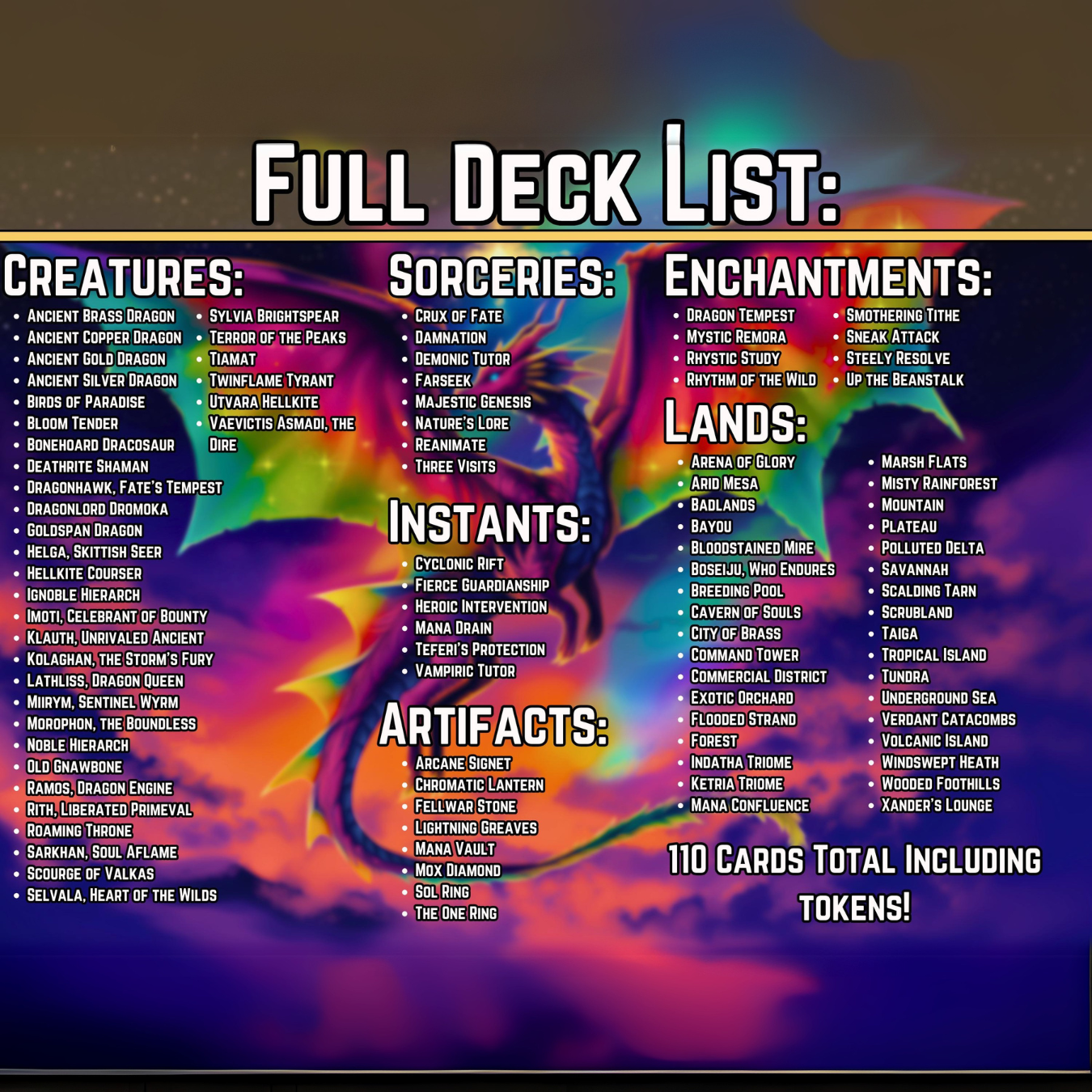 Dragon Tribal Commander Deck - Proxy - 4 Possible Commanders - 5 Colors - Tokens Included - Dragonstorm Upgrade Bundle - 110 card EDH Deck