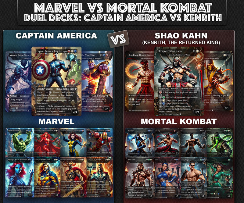 M.a.r.v.e.l vs M.o.r.t.a.l. K.o.m.b.a.t, D.u.e.l Decks, 2 EDH Decks, K.e.n.r.i.t.h. the R.e.t.u.r.n.e.d K.i.n.g. vs C.a.p.t.a.i.n A.m.e.r.i.c.a EDH Deck, 216 Total Proxy Cards