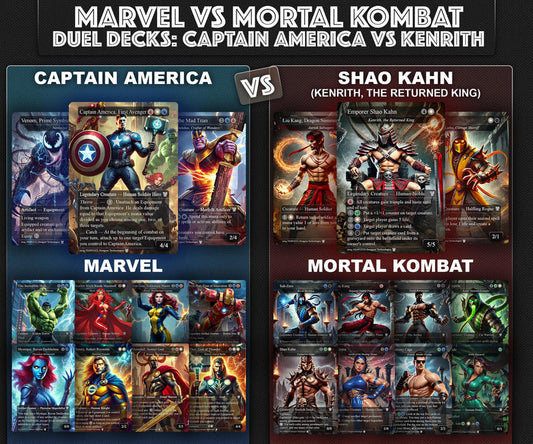 M.a.r.v.e.l vs M.o.r.t.a.l. K.o.m.b.a.t, D.u.e.l Decks, 2 EDH Decks, K.e.n.r.i.t.h. the R.e.t.u.r.n.e.d K.i.n.g. vs C.a.p.t.a.i.n A.m.e.r.i.c.a EDH Deck, 216 Total Proxy Cards