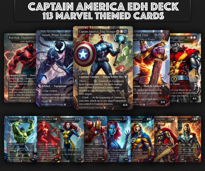 C.a.p.t.a.i.n A.m.e.r.i.c.a EDH Deck, 113 Cards, 13 Sideboard, Includes all major characters, C.a.p.t.a.i.n A.m.e.r.i.c.a Equipment Deck, Custom P.r.o.x.i.es
