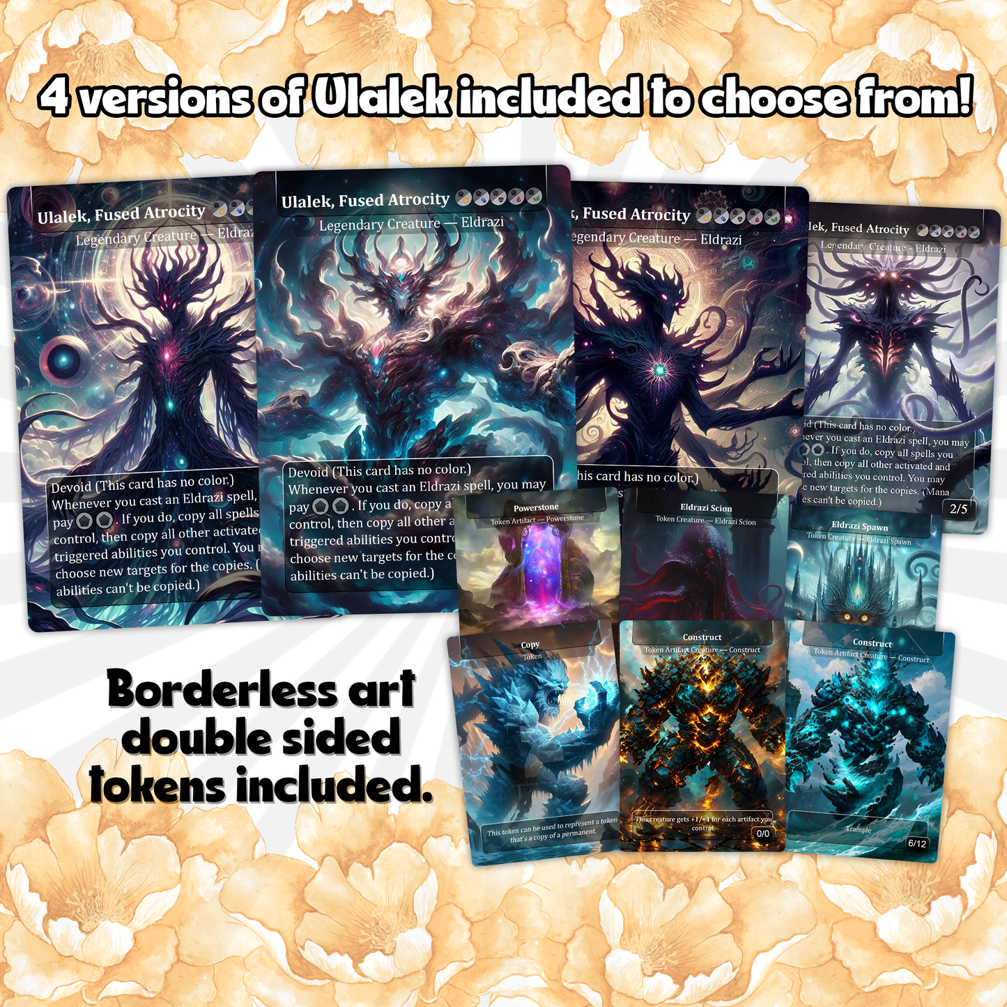 Eldrazi, totaling 108 Proxies, three commanders Ulalek, Azlask, and Zhulodock, Bonus Lands