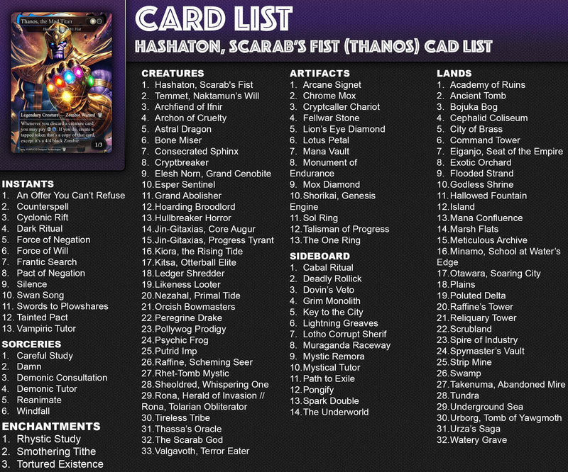 H.a.s.h.a.t.o.n. the S.c.a.r.a.b.'s. Fist EDH Deck, 115 Cards, 15 Sideboard, Includes all major characters, T.h.a.n.o.s. and H.i.g.h. .Evolutionary Themed