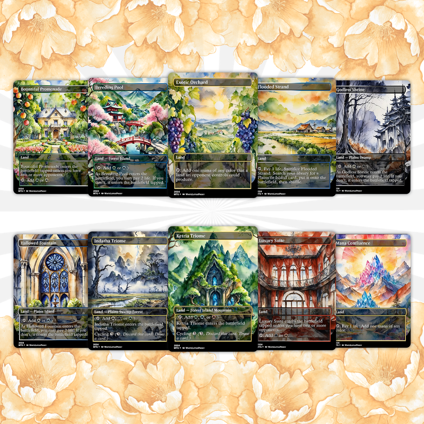 Mega EDH land pack (50+ cards) Anime watercolour lands set of 50 unique borderless custom proxy lands High quality lands for EDH or cEDH