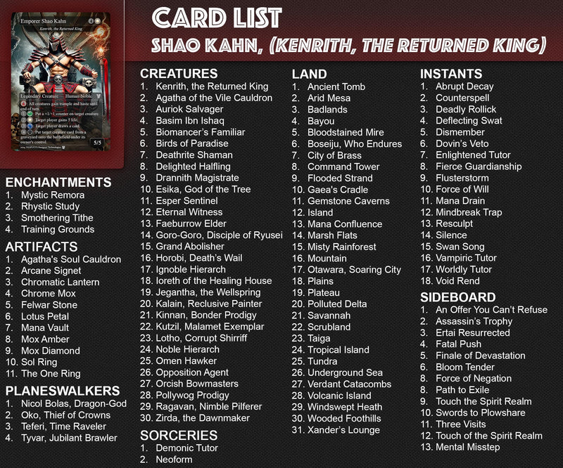 M.a.r.v.e.l vs M.o.r.t.a.l. K.o.m.b.a.t, D.u.e.l Decks, 2 EDH Decks, K.e.n.r.i.t.h. the R.e.t.u.r.n.e.d K.i.n.g. vs C.a.p.t.a.i.n A.m.e.r.i.c.a EDH Deck, 216 Total Proxy Cards