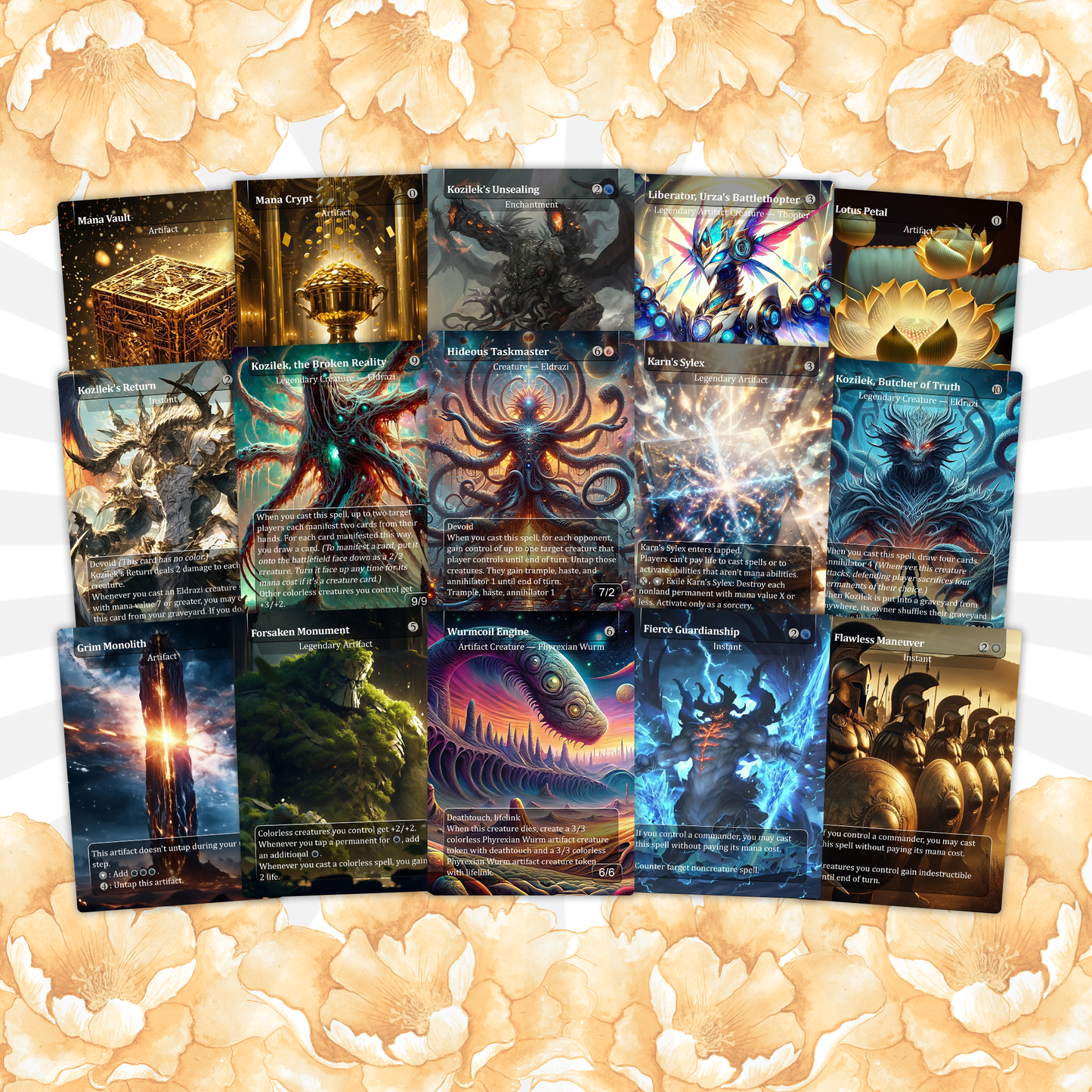 Eldrazi, totaling 108 Proxies, three commanders Ulalek, Azlask, and Zhulodock, Bonus Lands