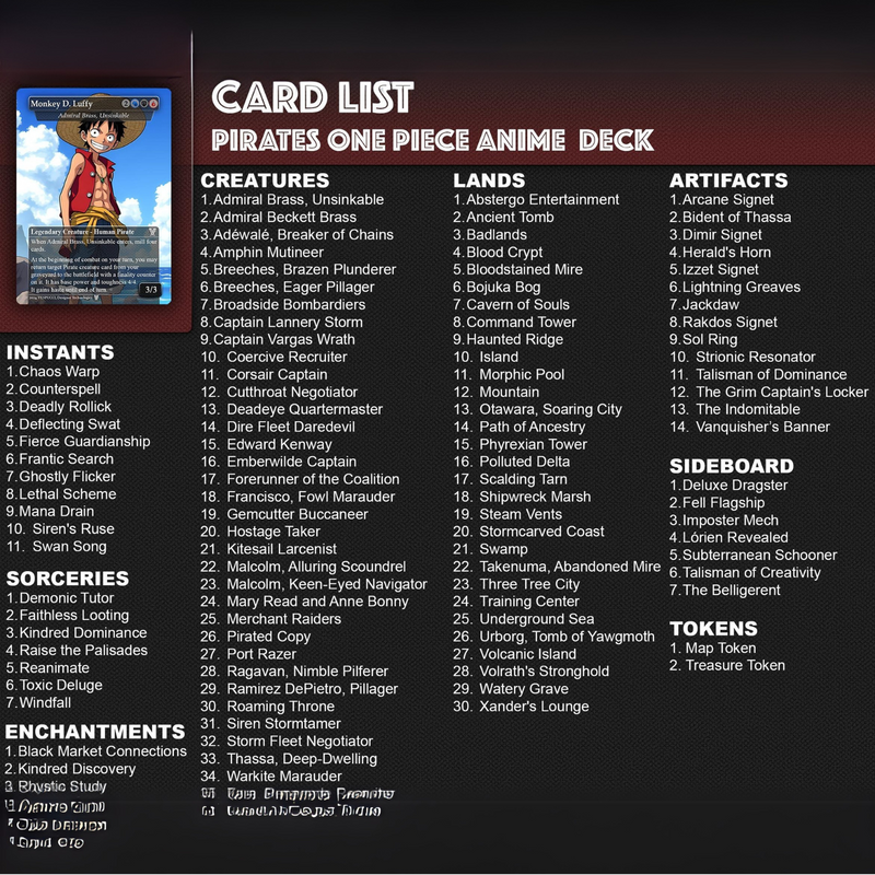 Complete Anime Pirate Tribal Deck, Custom Gift EDH Deck, Custom A.n.i.m.e O.P Pirate Deck, Treasure Tokens, A.d.m.i.r.a.l B.r.a.s.s Unsinkable