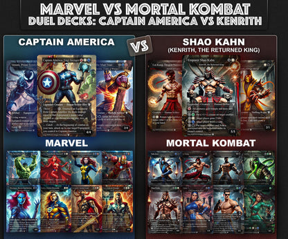 M.a.r.v.e.l vs M.o.r.t.a.l. K.o.m.b.a.t, D.u.e.l Decks, 2 EDH Decks, K.e.n.r.i.t.h. the R.e.t.u.r.n.e.d K.i.n.g. vs C.a.p.t.a.i.n A.m.e.r.i.c.a EDH Deck, 216 Total Proxy Cards