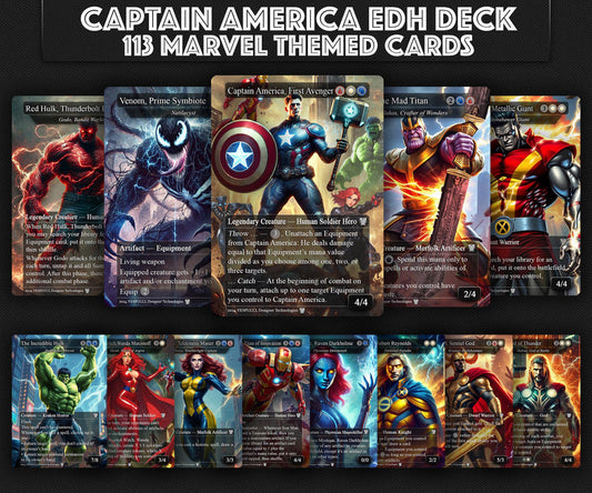 C.a.p.t.a.i.n A.m.e.r.i.c.a EDH Deck, 113 Cards, 13 Sideboard, Includes all major characters, C.a.p.t.a.i.n A.m.e.r.i.c.a Equipment Deck, Custom P.r.o.x.i.es