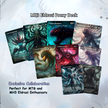 Eldrazi, totaling 108 Proxies, three commanders Ulalek, Azlask, and Zhulodock, Bonus Lands