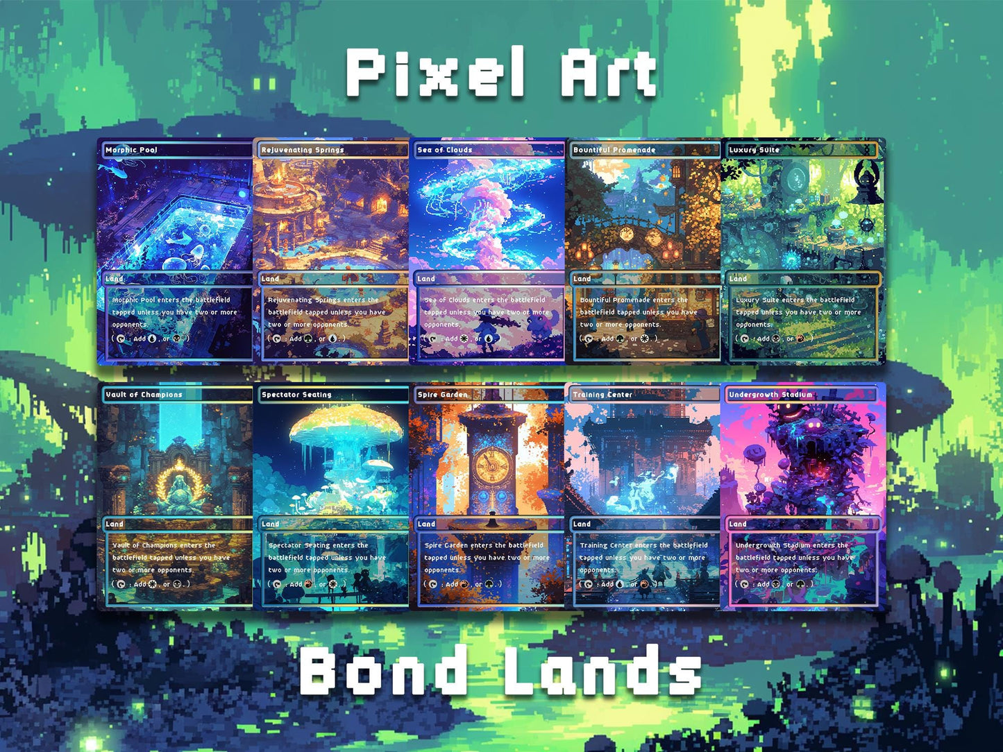 Pixel Art Style Mega Land pack, 50 unique borderless custom proxy lands High quality lands