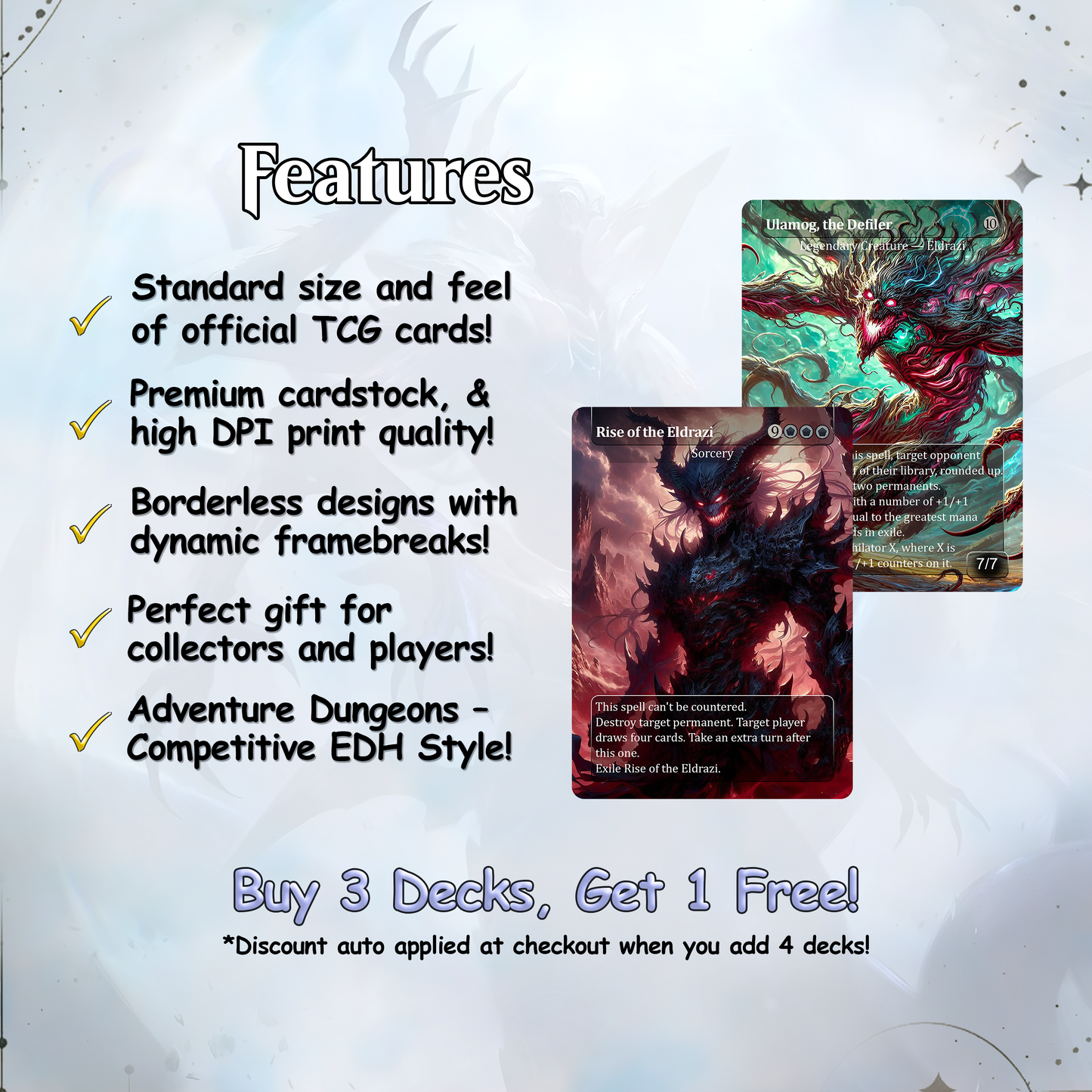 Eldrazi, totaling 108 Proxies, three commanders Ulalek, Azlask, and Zhulodock, Bonus Lands