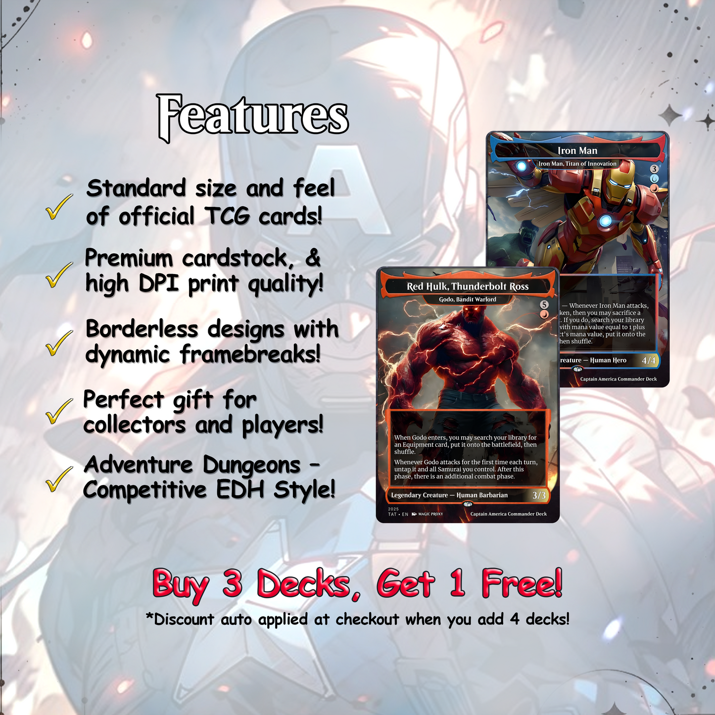 C.a.p.t.a.i.n A.m.e.r.i.c.a EDH Deck, 113 Cards, 13 Sideboard, Includes all major characters, C.a.p.t.a.i.n A.m.e.r.i.c.a Equipment Deck, Custom P.r.o.x.i.es