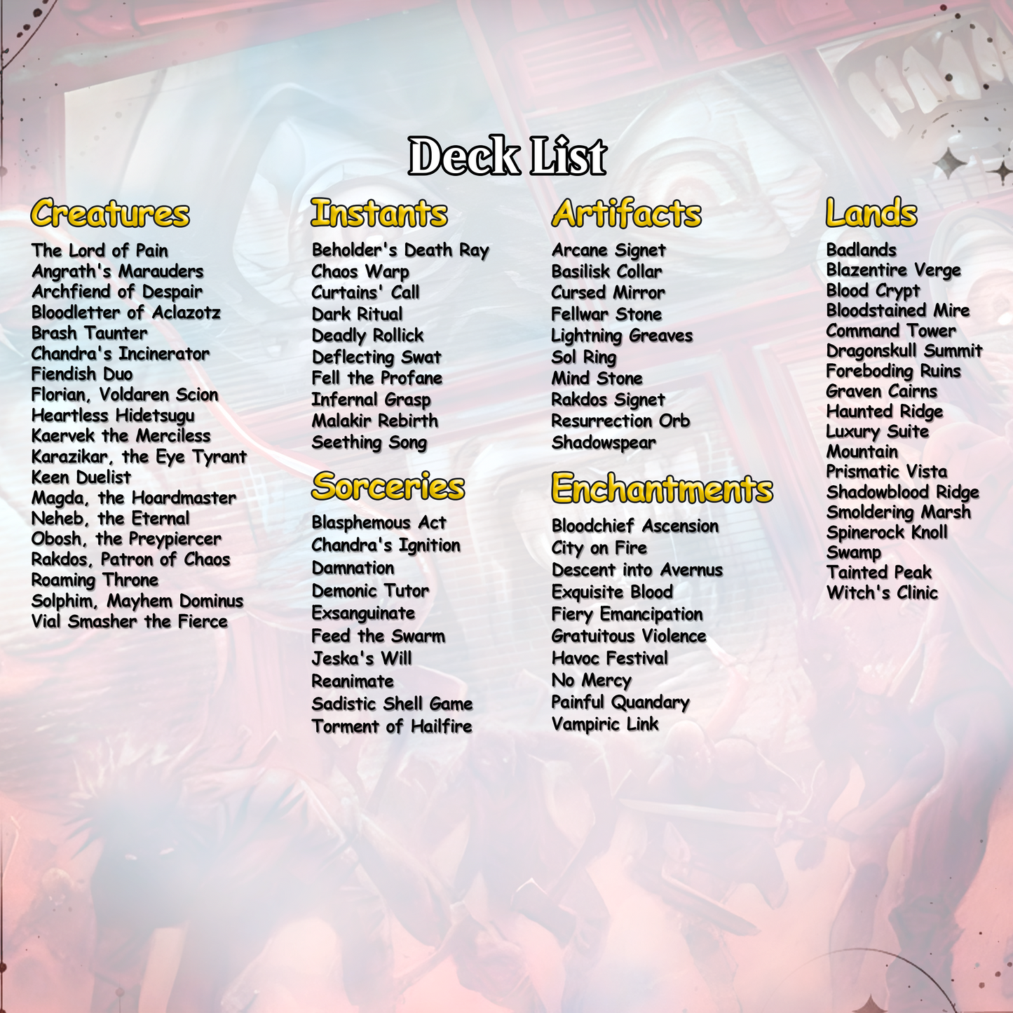 Burn Commander Deck The Lord of Pain Complete EDH Deck Proxy Deck