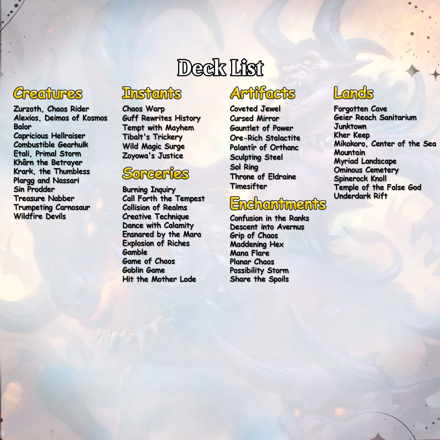 Chaos Commander Deck Zurzoth Custom MTG Cards Premium Proxy Cards Complete EDH Deck Premium Quality