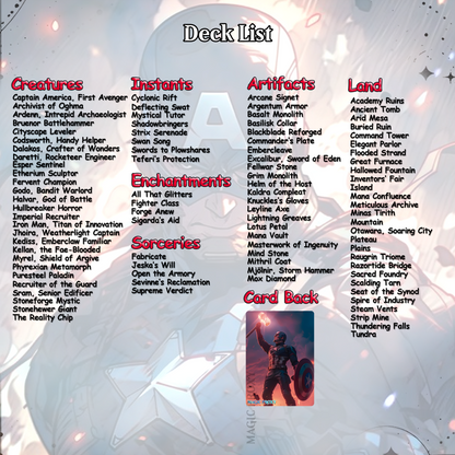 C.a.p.t.a.i.n A.m.e.r.i.c.a EDH Deck, 113 Cards, 13 Sideboard, Includes all major characters, C.a.p.t.a.i.n A.m.e.r.i.c.a Equipment Deck, Custom P.r.o.x.i.es