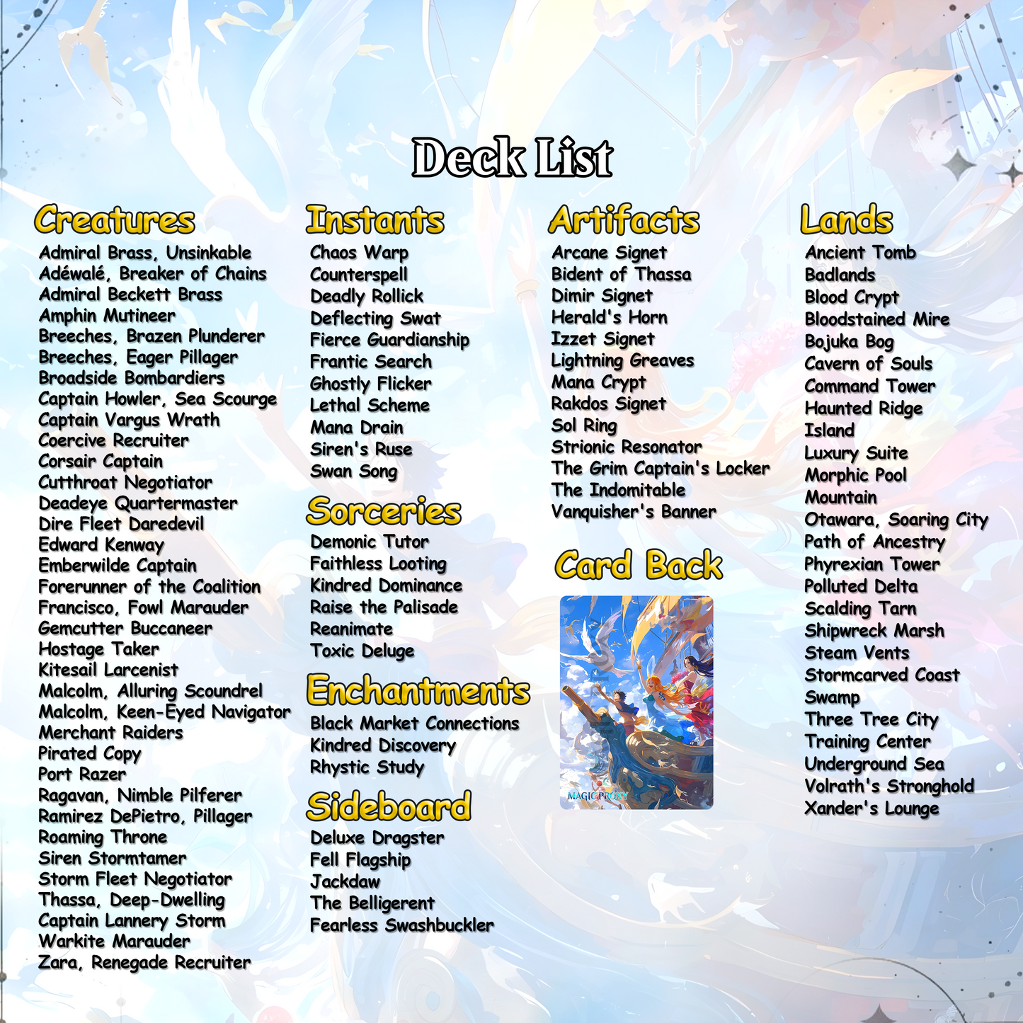 Complete Anime Pirate Tribal Deck, Custom Gift EDH Deck, Custom A.n.i.m.e O.P Pirate Deck, Treasure Tokens, A.d.m.i.r.a.l B.r.a.s.s Unsinkable