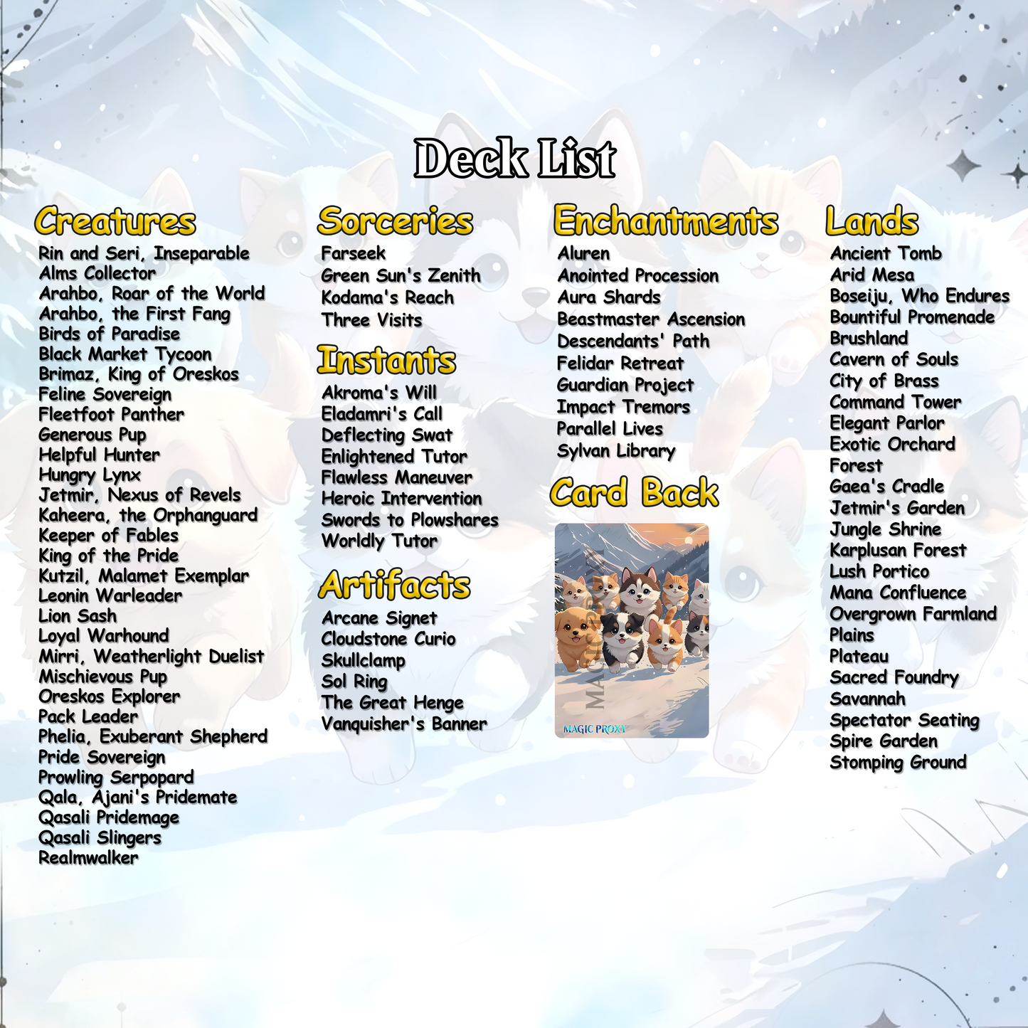 Rin and Seri Cat Dog Proxy Commander EDH Deck, 100 Cards + 8 Free Tokens | Cute Custom Full Art | MuraProxyArt