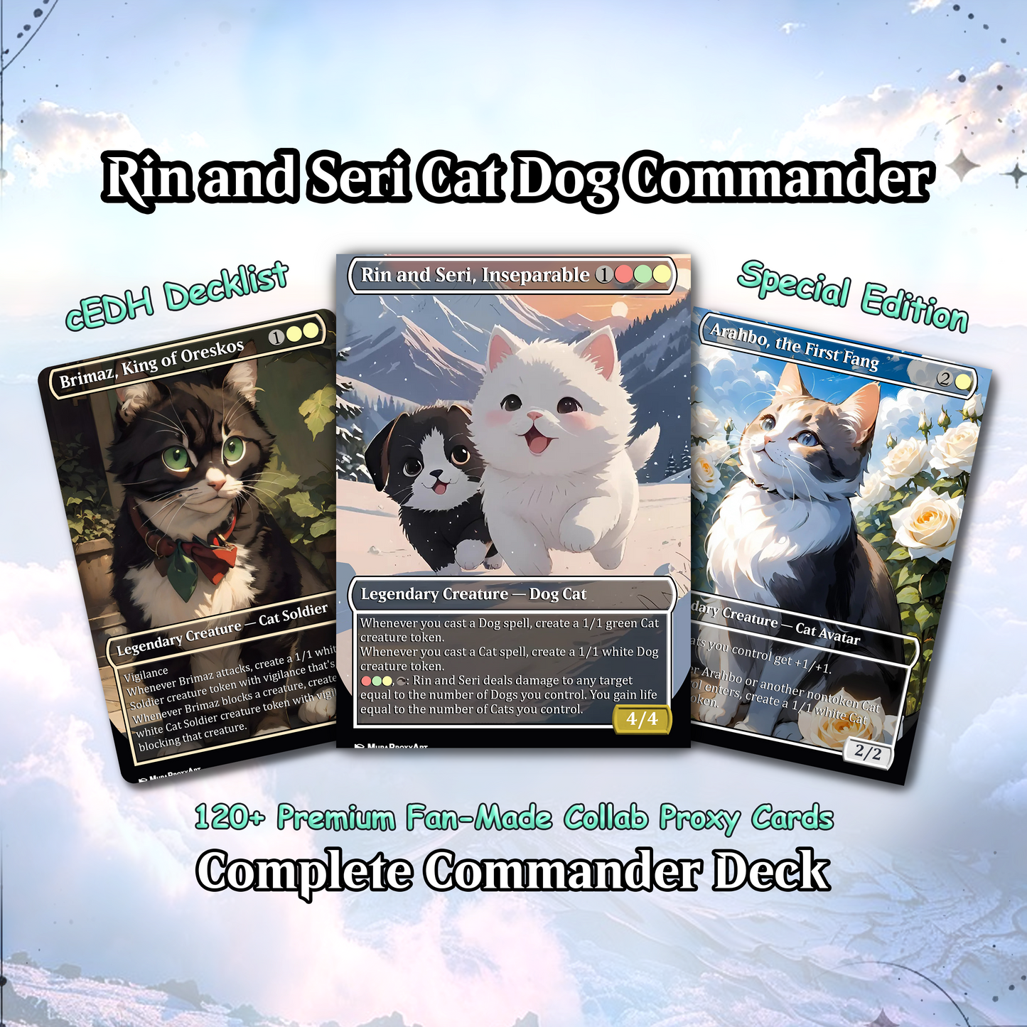 Rin and Seri Cat Dog Proxy Commander EDH Deck, 100 Cards + 8 Free Tokens | Cute Custom Full Art | MuraProxyArt