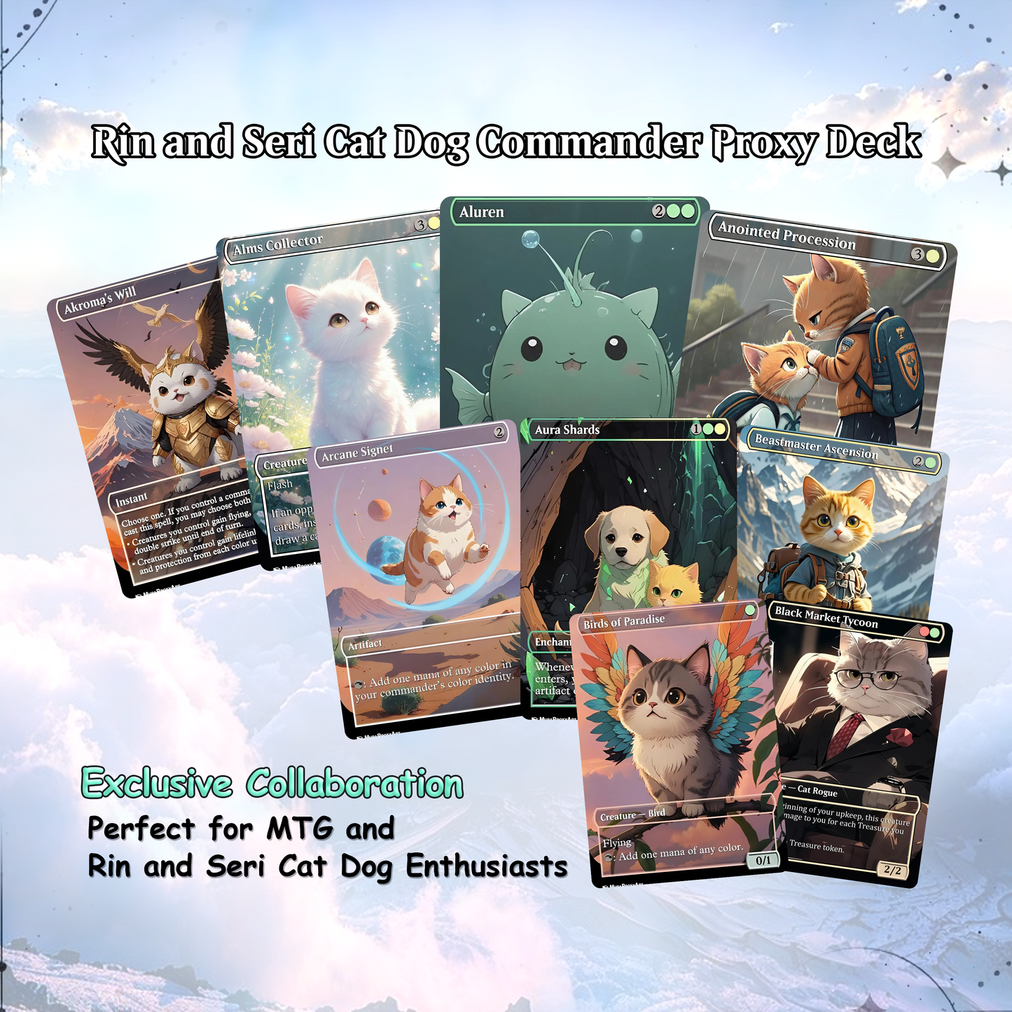 Rin and Seri Cat Dog Proxy Commander EDH Deck, 100 Cards + 8 Free Tokens | Cute Custom Full Art | MuraProxyArt